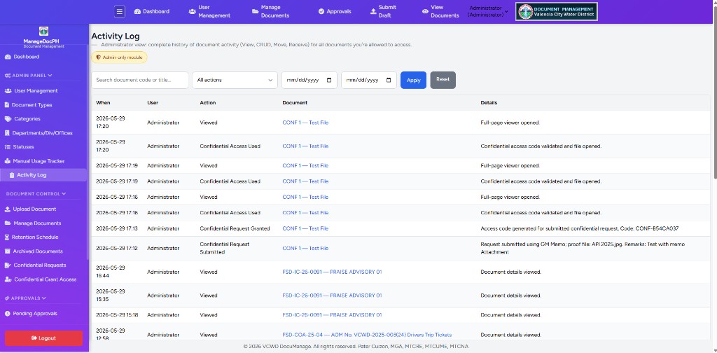 Activity Log card layout with indigo header, Total count, filters, and audit table; sidebar shows Admin Panel with Activity Log active