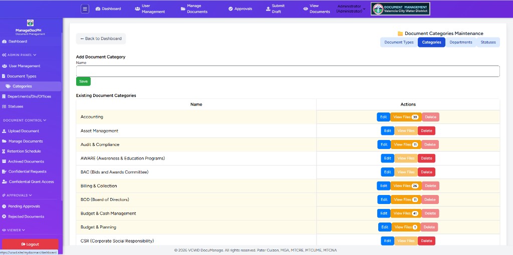 Categories maintenance page with add form and table