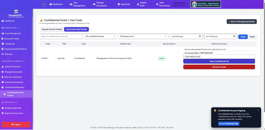 Active status with access code, Open Confidential File, and Remove Access