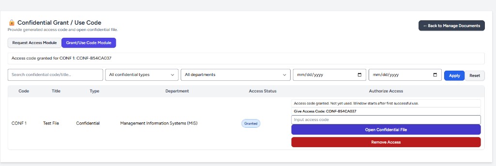 Granted status with Give Access Code, input field, and Open Confidential File button
