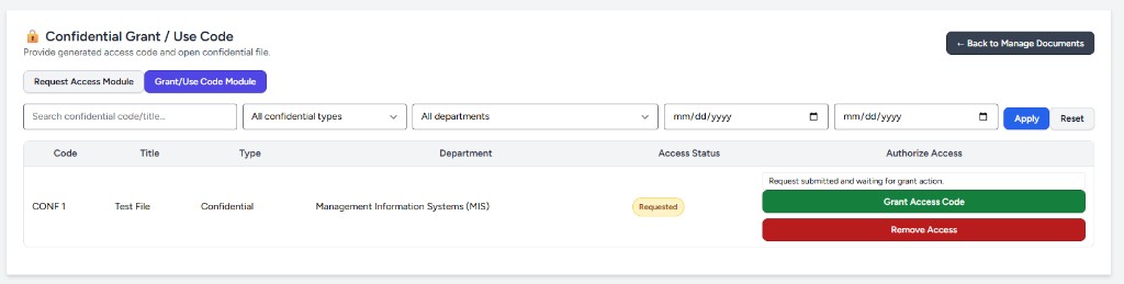 Grant/Use Code Module with Requested status, Grant Access Code and Remove Access buttons