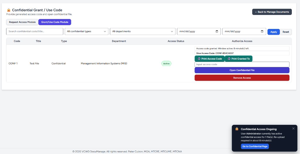 Active row with Print Access Code, Print Granted To, Open Confidential File, and Remove Access