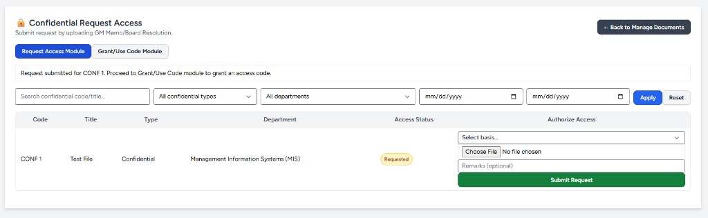 Success banner and Requested status badge after submitting confidential access request
