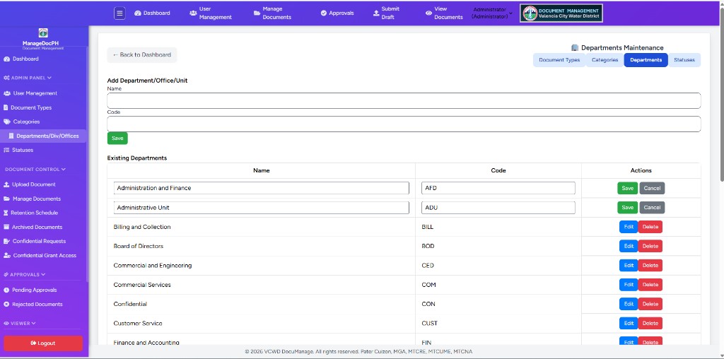 Departments maintenance page with add form and table