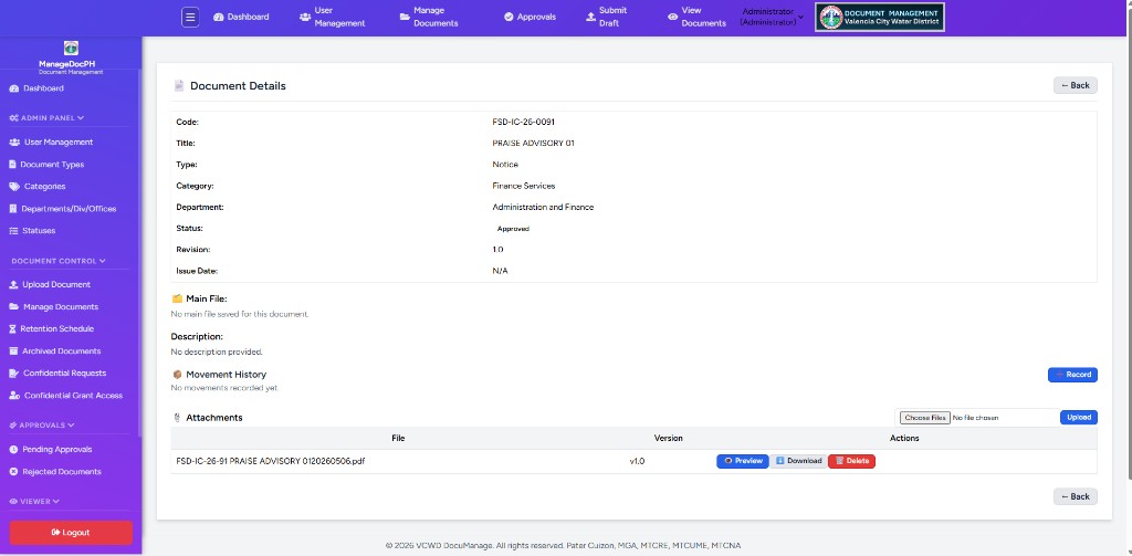 Document Details page showing metadata, attachments table with Preview Download Delete, and Back button