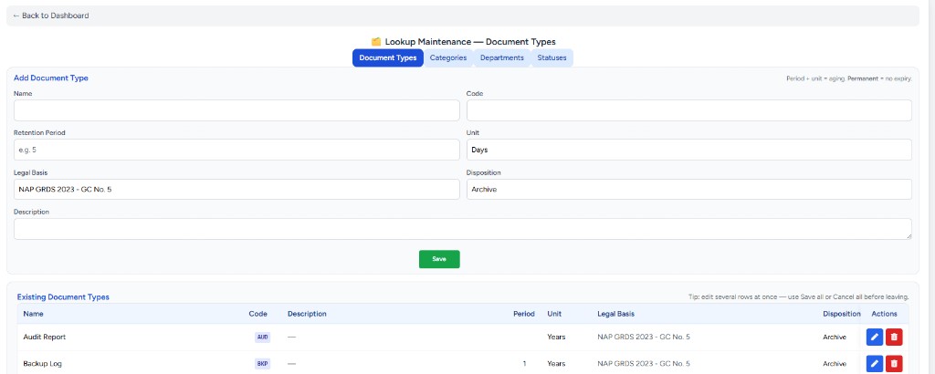 Document Types lookup: Retention Period, Unit, Legal Basis NAP GRDS 2023, Disposition Archive