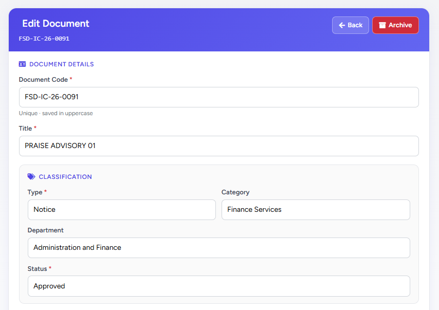Edit Document form: header, document details, and classification sections