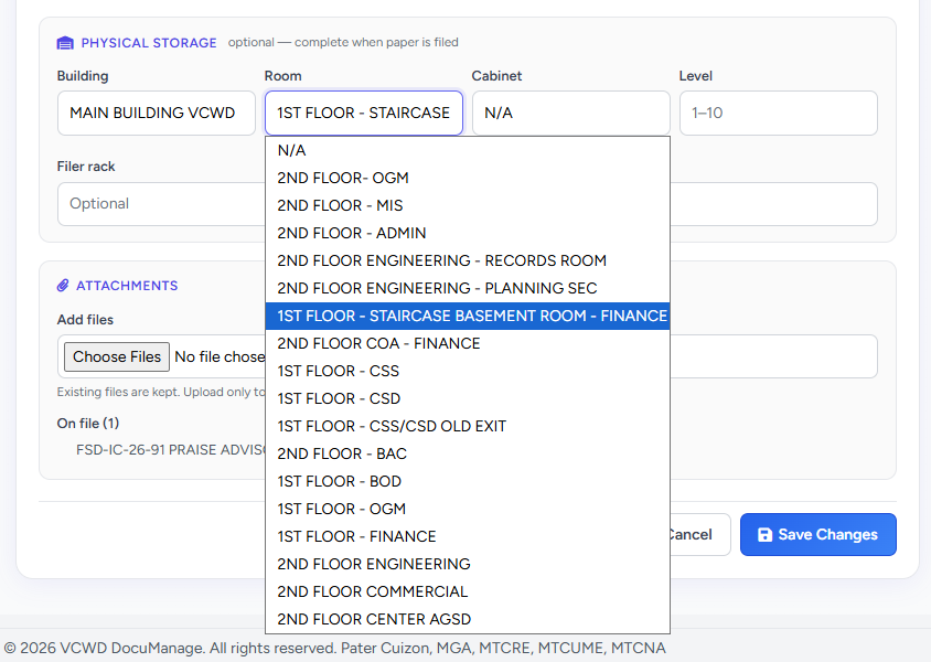 Edit Document physical storage with Room dropdown open showing rooms filtered by building
