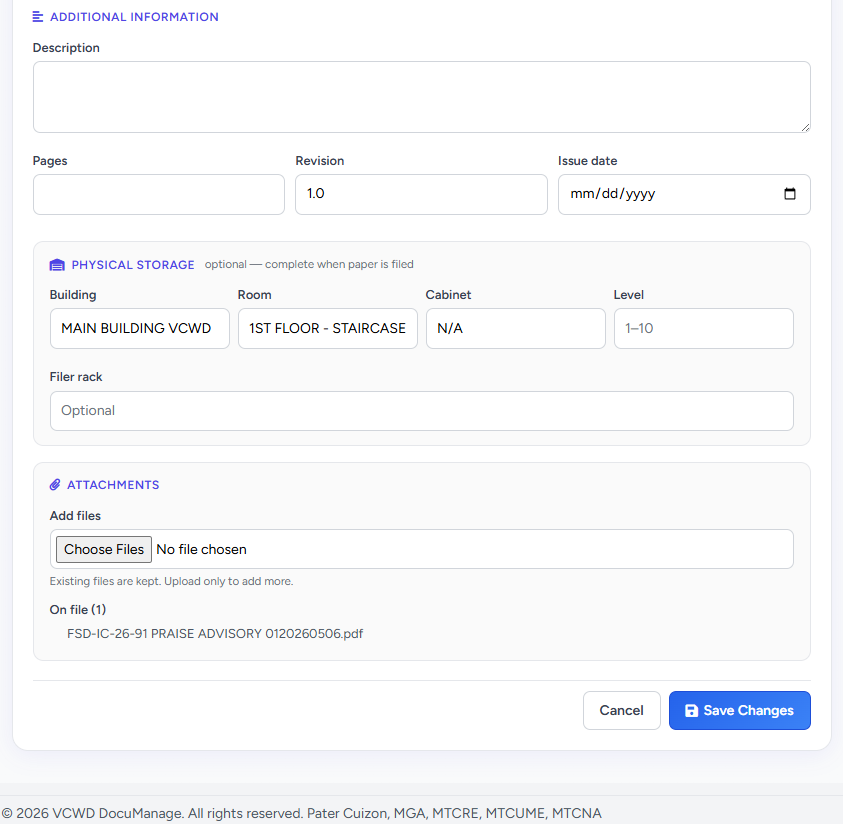 Edit Document: additional information, physical storage, attachments, Save Changes