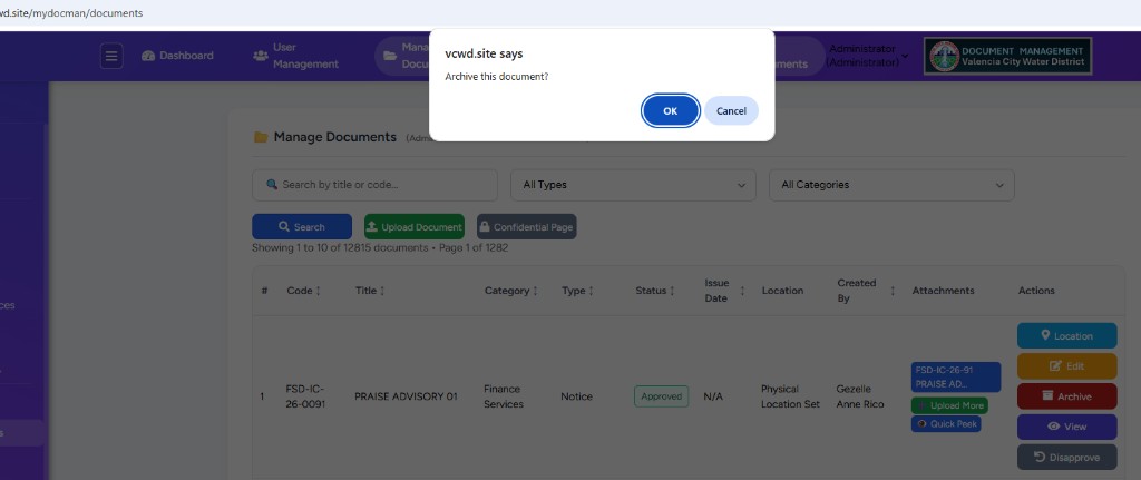 Browser confirm dialog explaining what happens when archiving a document
