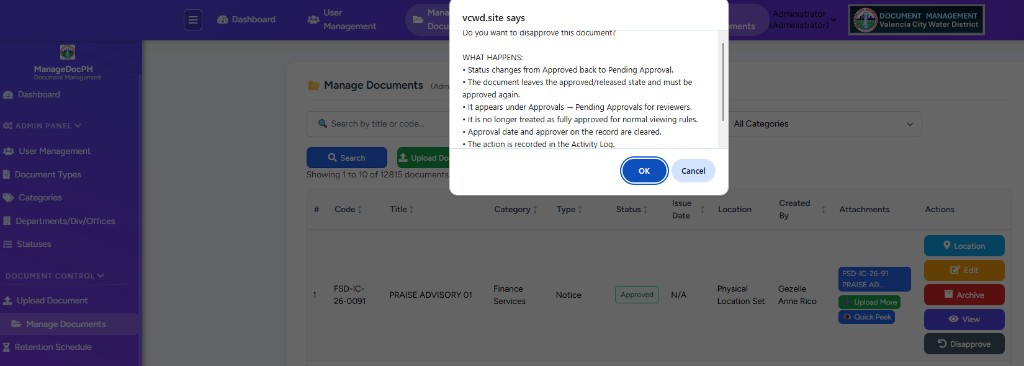 Browser confirm dialog: Do you want to disapprove this document with WHAT HAPPENS bullet list