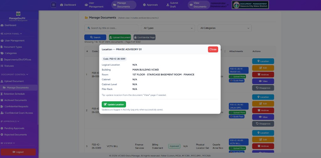 Location modal showing document title, code, logical and physical location fields, and Update Location button