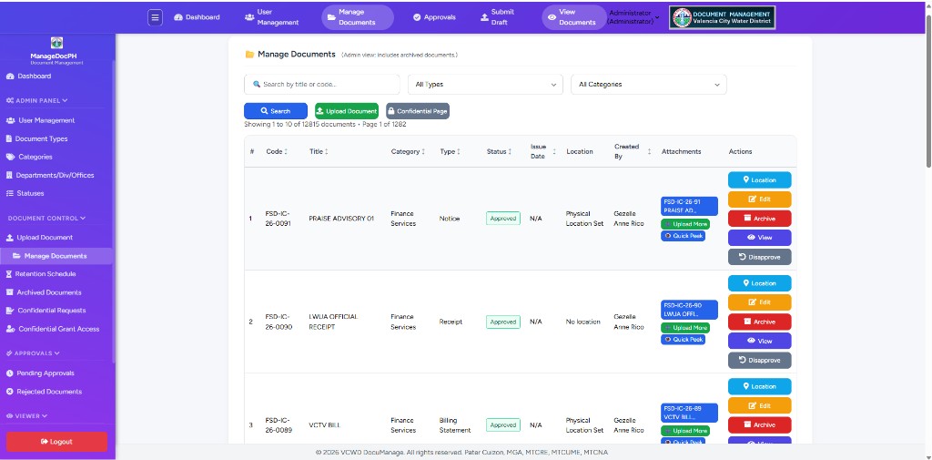 Manage Documents page with search bar, document table, location column, and action buttons