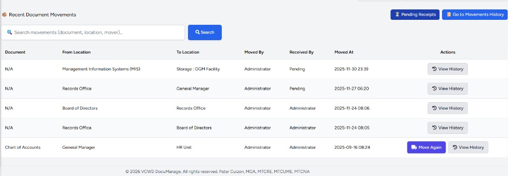 Dashboard Recent Document Movements table with Pending Receipts and Go to Movements History buttons