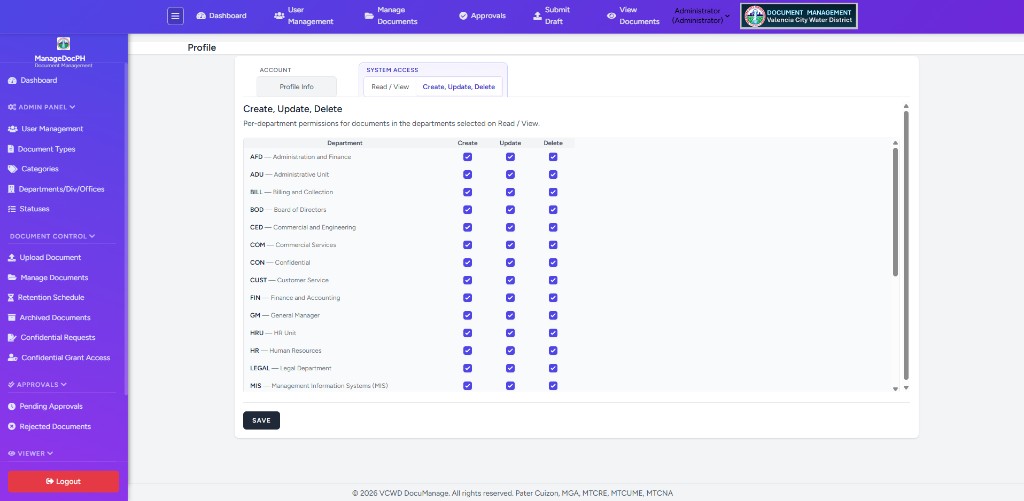 Profile CRUD tab with per-department Create Update Delete checkboxes