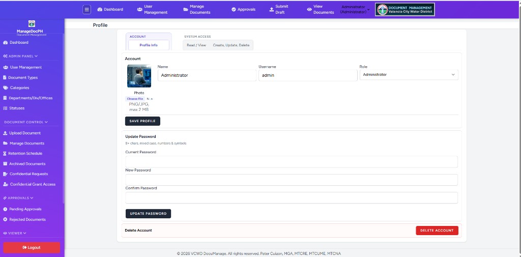 Profile page Account tab showing photo, name, username, role, update password, and delete account