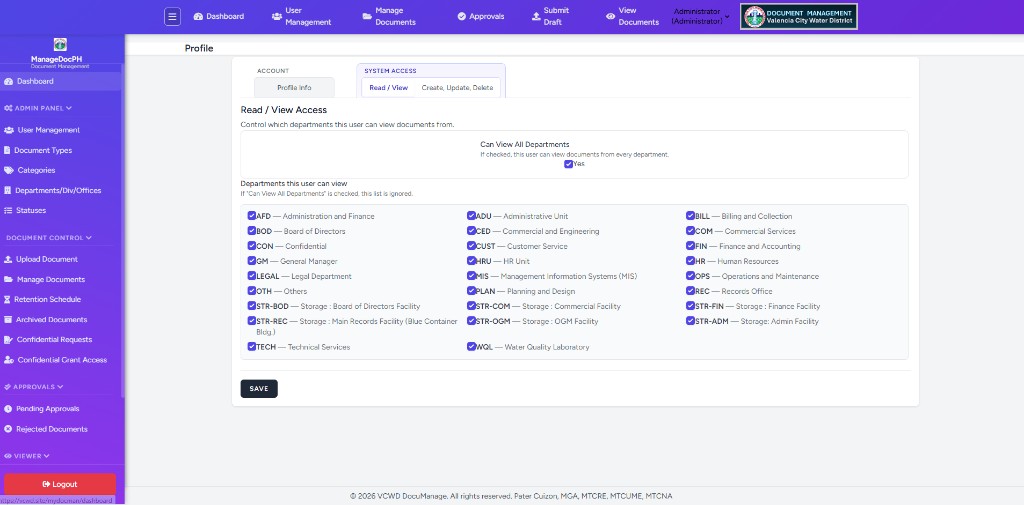 Profile Read View tab with Can View All Departments and department checkbox grid