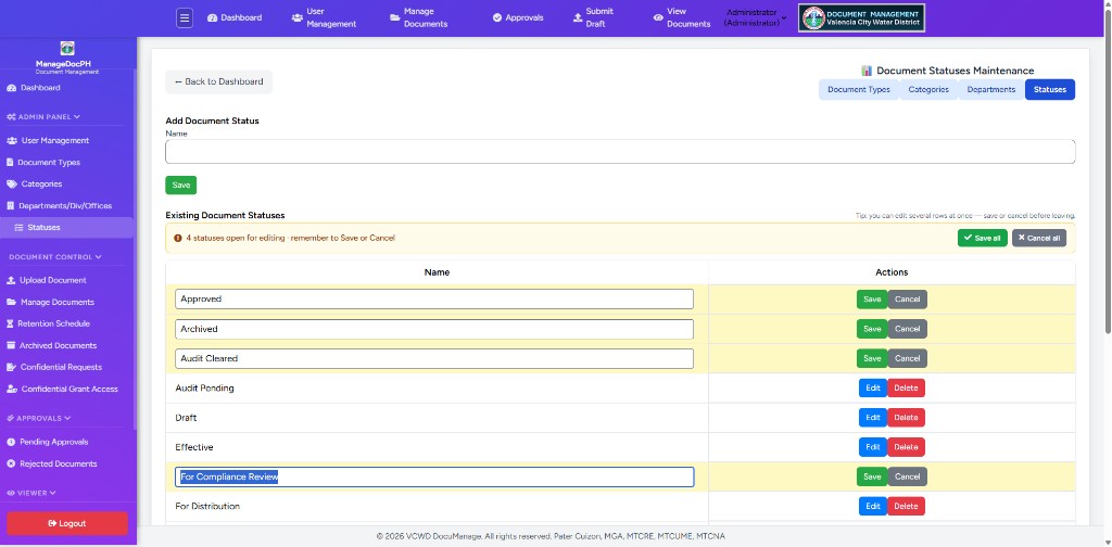 Document Statuses maintenance with add form and multiple rows in edit mode