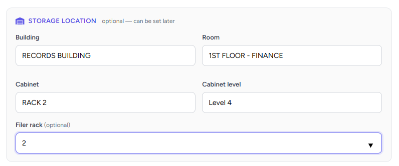 Completed storage location example: Records Building, 1st Floor Finance, Rack 2, Level 4, Filer rack 2
