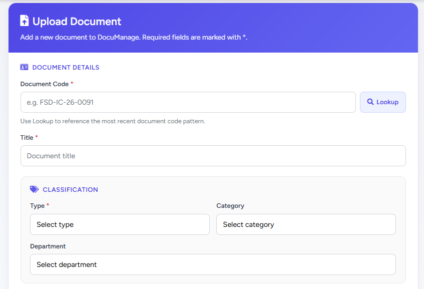 Upload form top: document code with Lookup, title, type, category, department