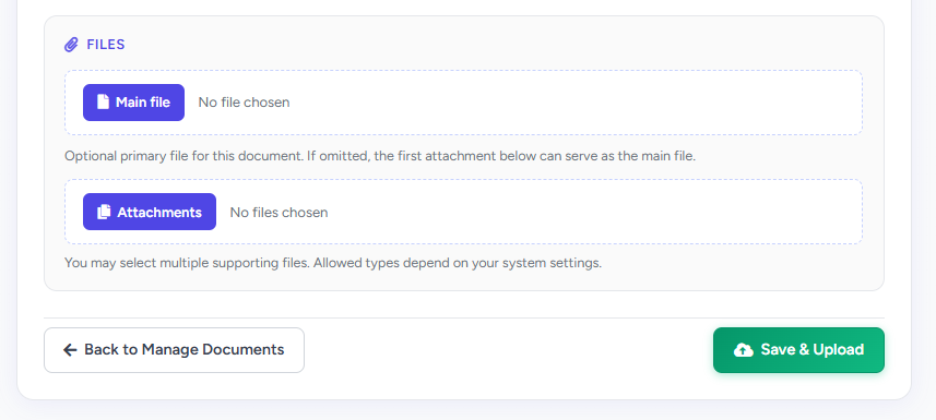 Main file and attachments upload zones with Save and Upload button