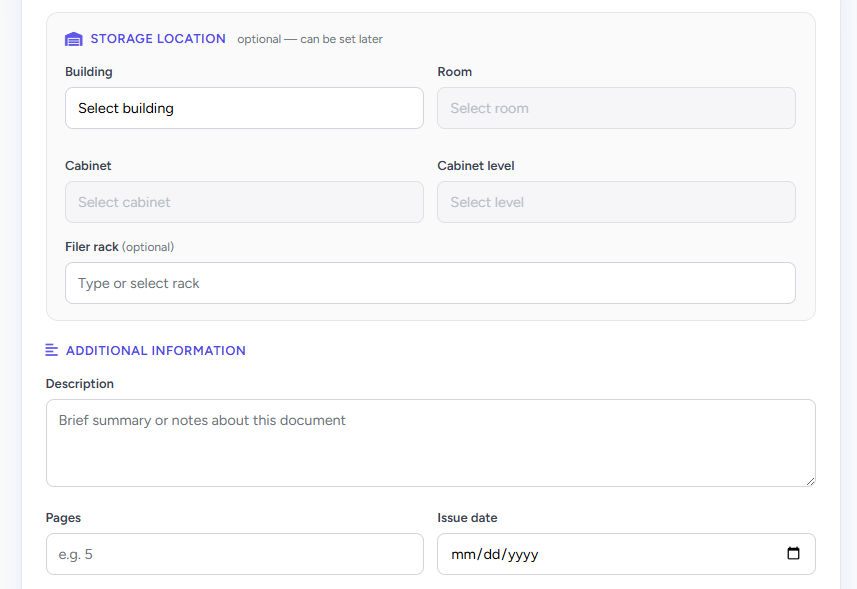 Storage location section on upload form with description and issue date below