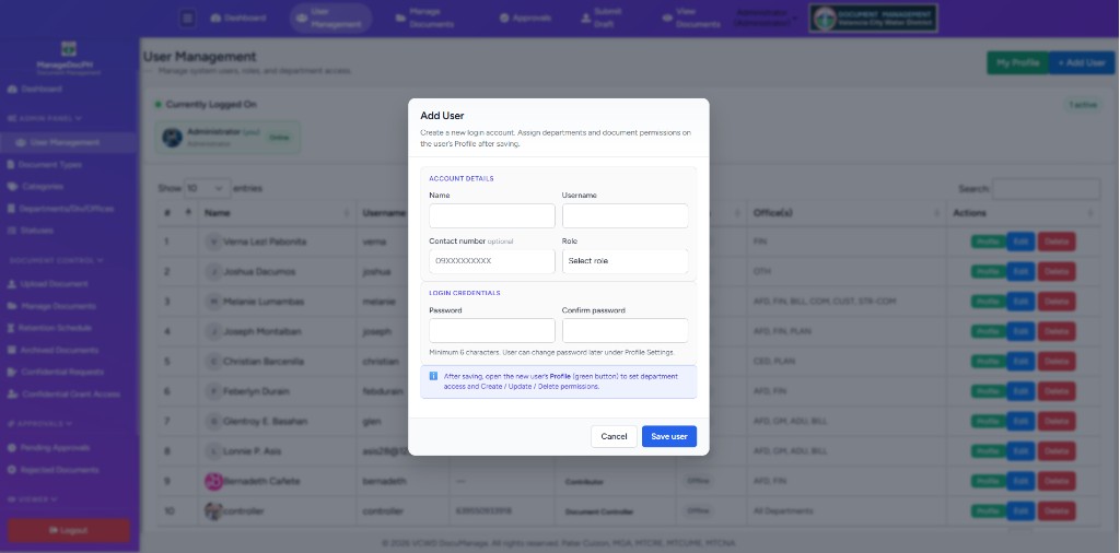 Add User dialog with Account details and Login credentials sections